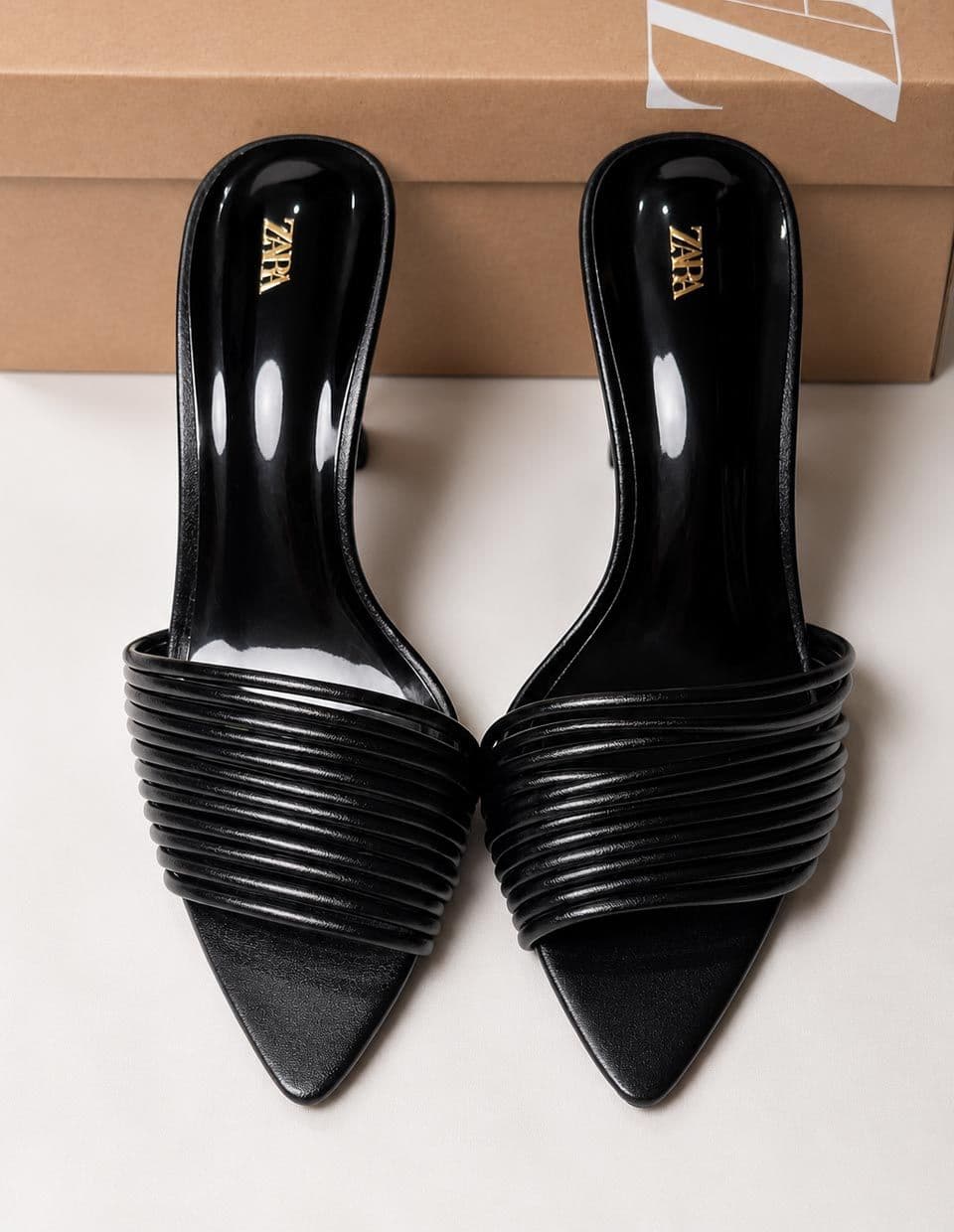 Black Ribbed Pointed Zara Mules