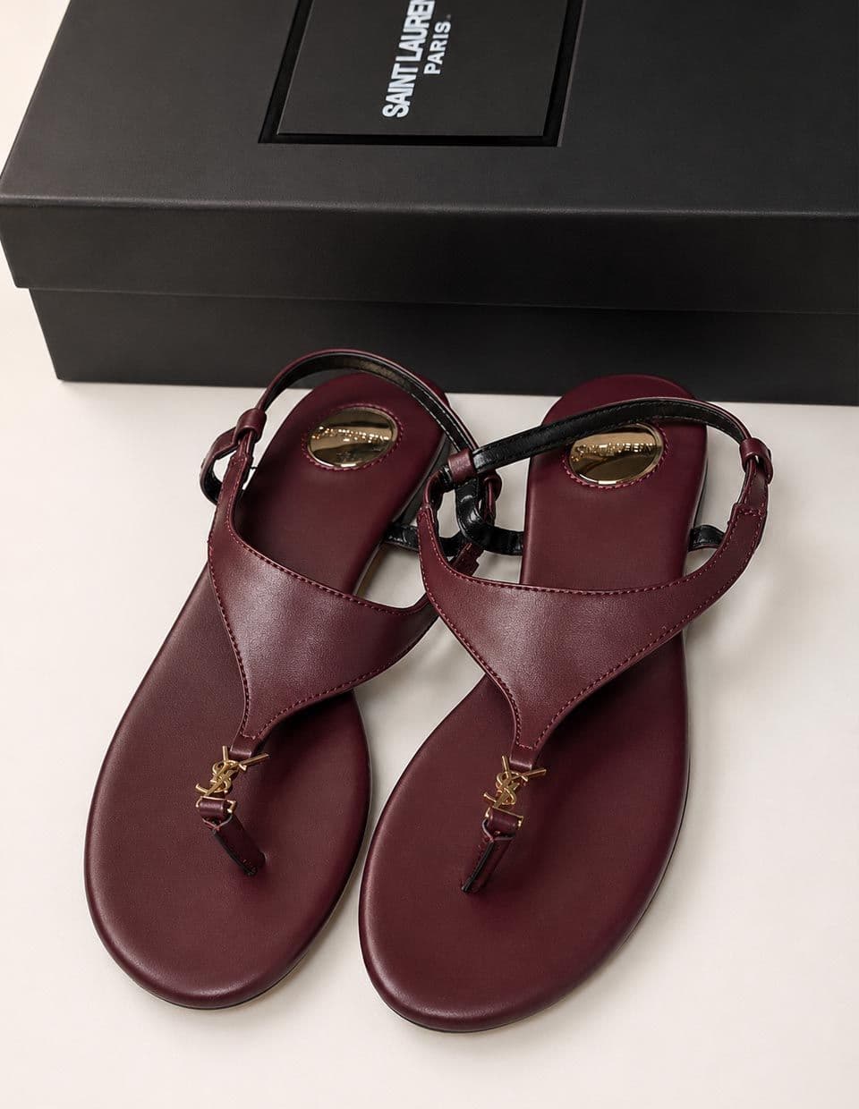 Burgundy Gold-Detail YSL Flat Sandals